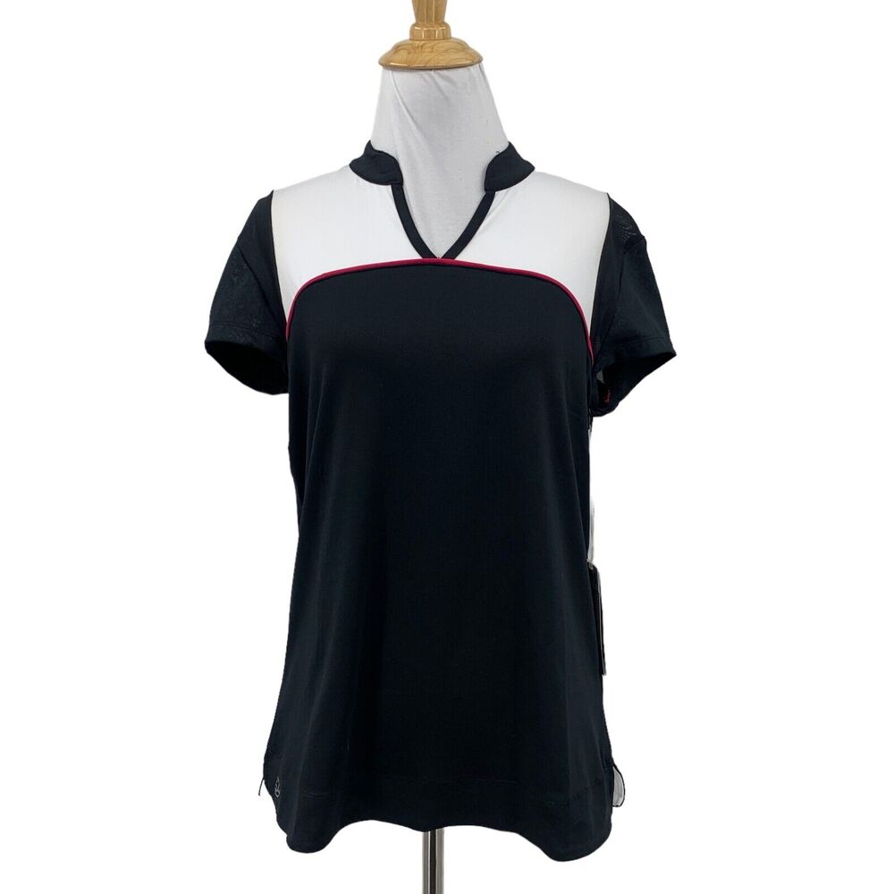 Chase 54 Polo Shirt Womens M Medium Black White Short Sleeve V Neck UPF 50+ Golf